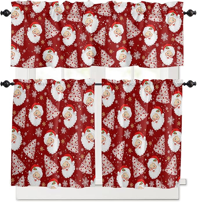 Red Christmas Kitchen Curtains and Valances Set, Santa Claus Merry Christmas Tree Windows Treatments Tiers Half/Short Curtains for Small Windows Cafe/Living Room/Bedroom 54x24 in Winter Snowflake