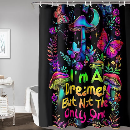 AILONEN Mushroom Shower Curtain,Colorful Butterfly Flower Decoration,Polyester Fabric,Waterproof,Botanical Fungus Plants Black Bath Curtains Washable,with 12 Plastic Hooks, 36" W x 72" H