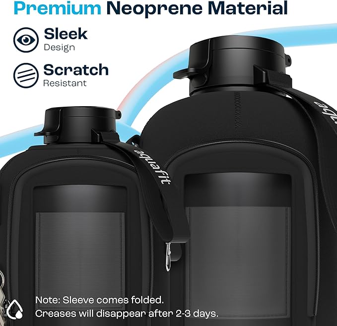 AQUAFIT 1 Gallon Jug Sleeve, Neoprene Water Bottle Bag with Adjustable Shoulder Strap and Pocket, 128 oz Water Bottle Sling Bag, Water Bottle Carrier Bag (Sleeve Only - No Bottle, Black)
