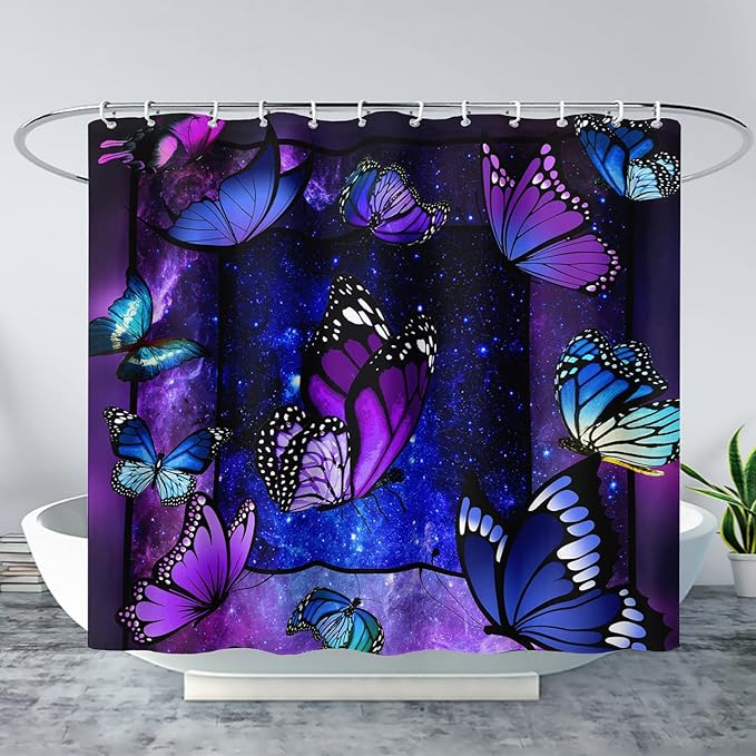 AILONEN Butterfly Shower Curtain for Bathroom Mystic Purple Galaxy Starry Decor Bath Curtain 72" W*78" H Polyester Fabric Waterproof Bathroom Curtain with 12 Hooks