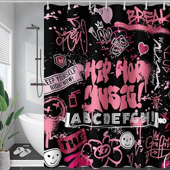 AILONEN Black Pink Graffiti Shower Curtains for Teens Girls,Hip-Hop Music Bath Shower for Bathroom,Polyester Waterproof with 12 Hooks,48" W*72" H Black Pink