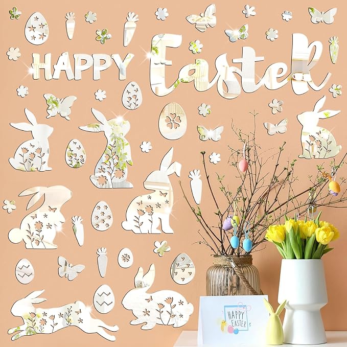 Easter Wall Decor Happy Easter Eggs Bunny Flower Wall Decals 3D Acrylic Mirror Wall Stickers Peel and Stick Easter Floral Butterfly Wall Art Mural for Spring Kids Bedroom Party Supplies Decoration