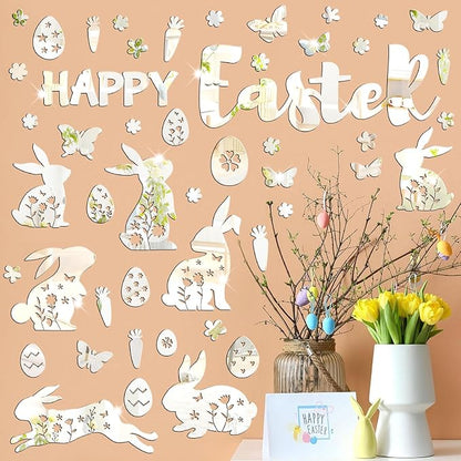 Easter Wall Decor Happy Easter Eggs Bunny Flower Wall Decals 3D Acrylic Mirror Wall Stickers Peel and Stick Easter Floral Butterfly Wall Art Mural for Spring Kids Bedroom Party Supplies Decoration
