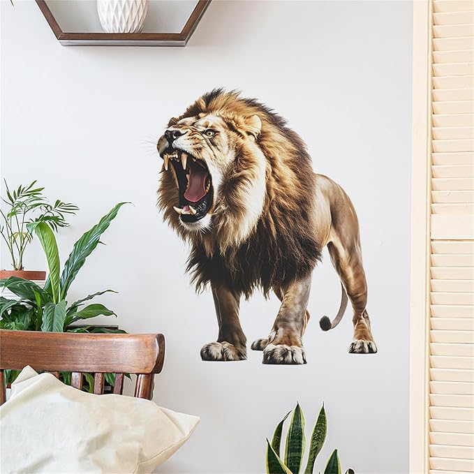 Lion Wall Decals, Vinyl Removable 3D Stickers for Bedroom Nursery Decor - Peel and Stick Cute Baby Girl Boy Toddler Kids Room Art Decoration, Woodland Forest Safari Jungle Mural Waterproof