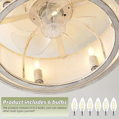 20 Inch White Crystal Ceiling Fan with Light, Caged Crystal Ceiling Fan with Light Remote Control, Flush Mount with 6 Speeds for Bedroom, Nursery, Living Room (6 E12 Bulb Includ) (White)