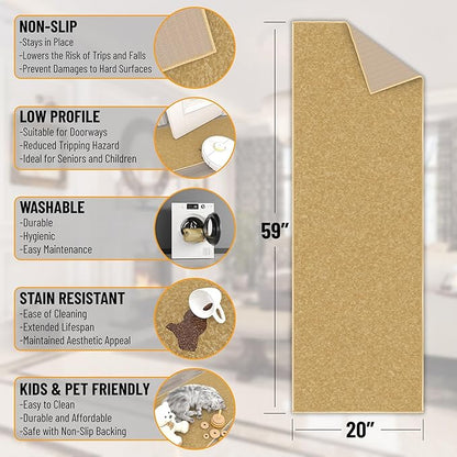 Machine Washable Modern Solid Design Non-Slip Rubberback 2x5 Traditional Runner Rug for Hallway, Kitchen, Bedroom, Entryway, 20" x 59", Beige