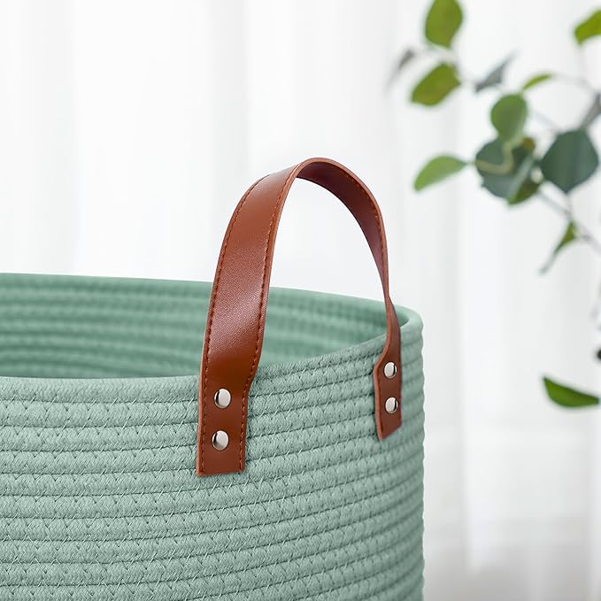 80L Large Rope Basket, Woven Rope Storage Basket with Leather Handles, Dog Toy Storage Basket, Bedroom, Nursery Blanket Storage, Bathroom Laundry Basket, 16“x20” Tall Rope Basket (Green)