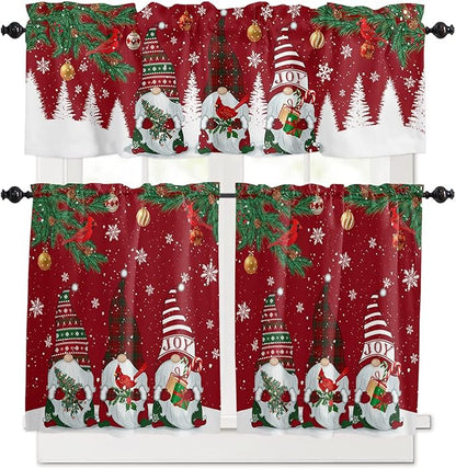 Christmas Gnomes Kitchen Curtains and Valances Set, Red Winter Holidays Window Treatments Tiers White Snowflakes Xmas Trees Half/Short Curtains for Small Windows Cafe /Living Room/ Bedroom 54x 36 in