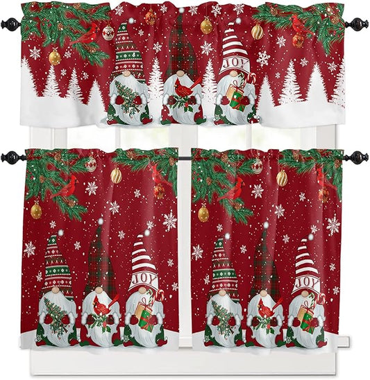 Christmas Gnomes Kitchen Curtains and Valances Set, Red Winter Holidays Window Treatments Tiers White Snowflakes Xmas Trees Half/Short Curtains for Small Windows Cafe /Living Room/ Bedroom 54x 36 in
