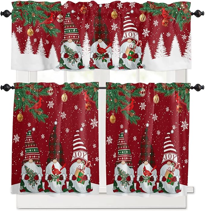 Christmas Gnomes Kitchen Curtains and Valances Set, Red Winter Holidays Window Treatments Tiers White Snowflakes Xmas Trees Half/Short Curtains for Small Windows Cafe /Living Room/ Bedroom 54x24 in