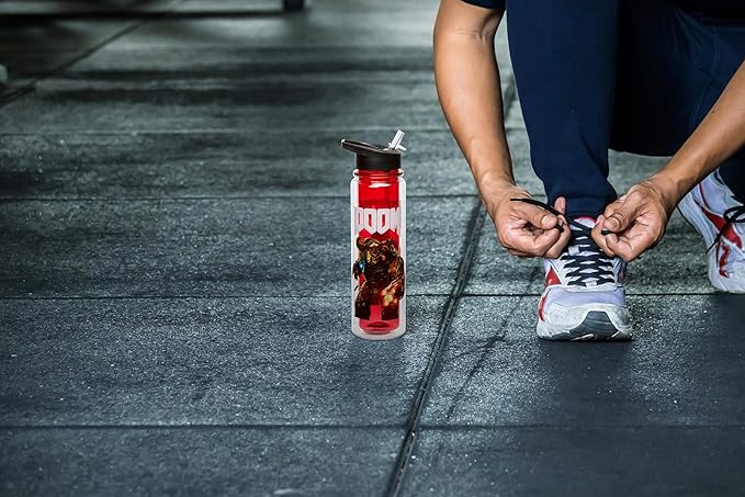 JUST FUNKY Official DOOM Cyberdemon Double Wall Plastic Water Bottle - 16-Ounce Container with Lid for Water, Tea, Coffee - Insulated Drinking Cup for Travel, Hiking Running - Licensed Merchandise