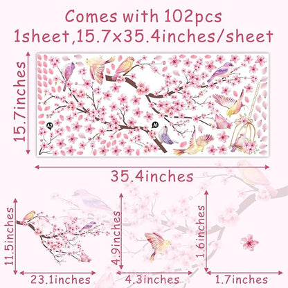 Cherry Blossom Wall Decal Peel and Stick Wall Art Decals Pink Flower Wall Decals Tree Branch Birds Wall Stickers Spring Cherry Flowers Wall Decals for Living Room Bedroom Kitchen Nursery Window Decor