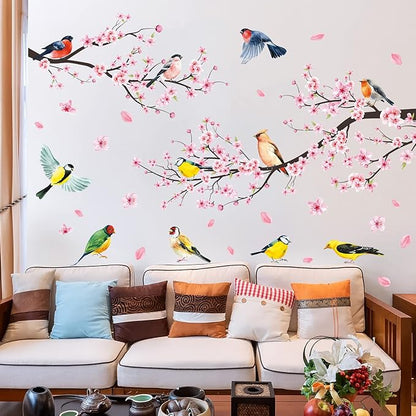 Amaonm 4 Sheets of 12"x36" Removable Pink Red Cherry Blossom Flowers Wall Stickers DIY Flying Birds and Tree Brances Wall Decals 3D Peel and Stick Floral art Decor for Kids Girls Bedroom Living Room Nursery Decoration (51"x75")