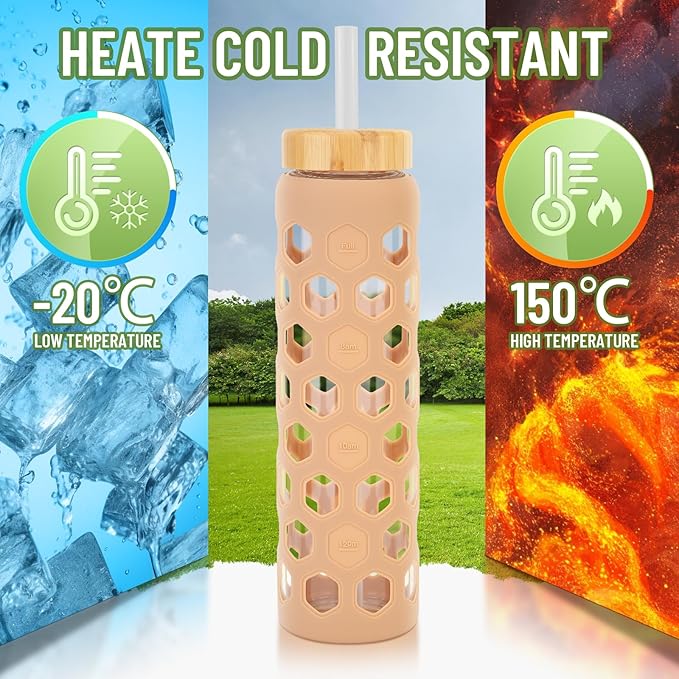 32oz Glass Water Bottles with 2 Lids-Bamboo Straw Lid & Spout Cap,Motivational Water Tumbler with Silicone Sleeve with Time Marker,Leakproof