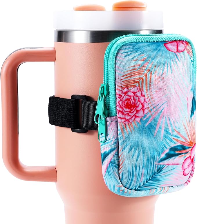 Water Bottle Pouch Cup Accessories for Women Quencher Adventure IceFlow 20oz 30oz 40oz Tumbler Pouch with Handle Running Pouch Bag for Cards Keys(Green Flower)