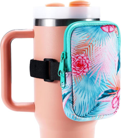 Water Bottle Pouch Cup Accessories for Women Quencher Adventure IceFlow 20oz 30oz 40oz Tumbler Pouch with Handle Running Pouch Bag for Cards Keys(Green Flower)