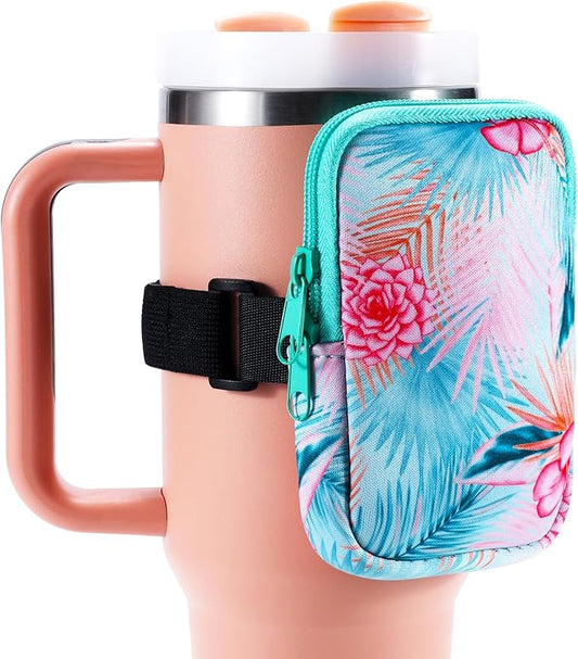 Water Bottle Pouch Cup Accessories for Women Quencher Adventure IceFlow 20oz 30oz 40oz Tumbler Pouch with Handle Running Pouch Bag for Cards Keys(Green Flower)