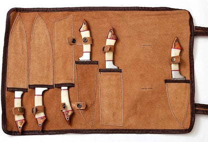 Randy,Custom made damascus steel kitchen/chef's knife set with leather roll bag DR-1061-B-6.