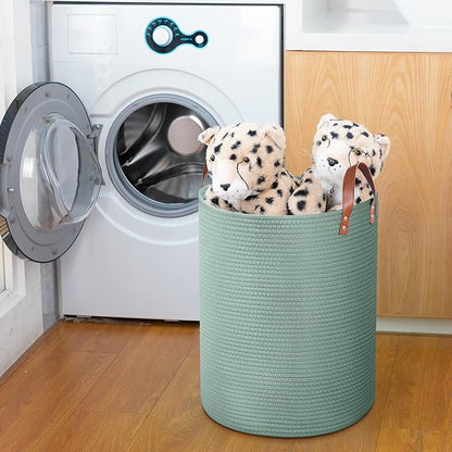 80L Large Rope Basket, Woven Rope Storage Basket with Leather Handles, Dog Toy Storage Basket, Bedroom, Nursery Blanket Storage, Bathroom Laundry Basket, 16“x20” Tall Rope Basket (Green)