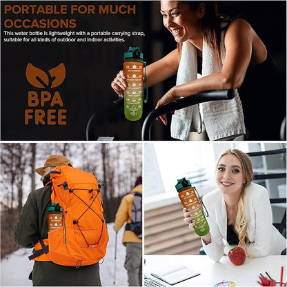 32oz Large Water Bottle with Motivational Time Marker - Sport Style with Deluxe Sip-Gulp Lid, Durable Tritan Plastic, Food Grade, Dishwasher Safe, Carry Strap (Light-Orange-Green)