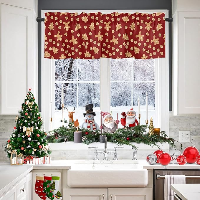 Christmas Valance Kitchen Curtains,Red Merry Christmas Gingerbread Man Cookies Window Treatments Short Curtain,Winter Holiday Decorations Rod Pocket Toppers for Bedroom/ Living Room,1 Panel-54" X 18"