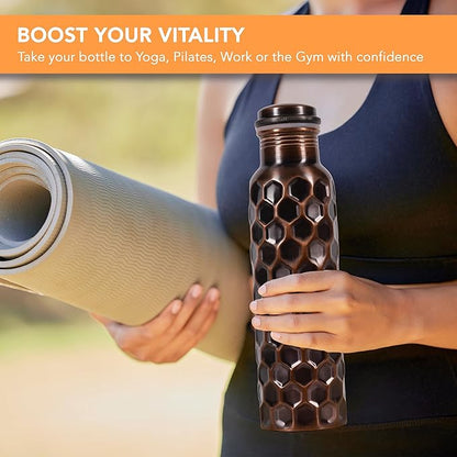 34 Oz Extra Large Honeycomb 100% Pure Copper Water Bottle For Drinking | Leak Proof Design And Carrying Pouch | Drink More With Healthy Benefits Immediately