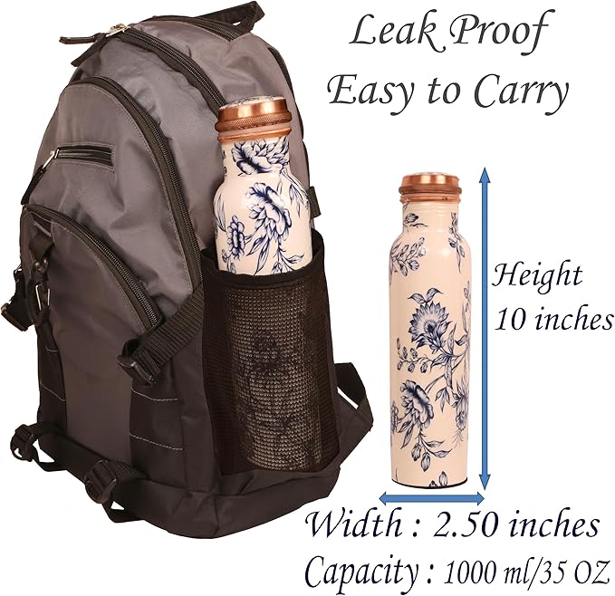 Pure Copper Water Bottle - Handcrafted - Ayurveda health benefits - Large 35 oz - Leak proof - Easy to carry for Sports, Fitness, Yoga, School - White Base Petals Vines Motifs Enamel