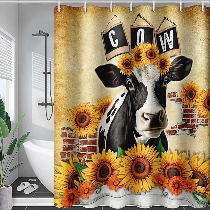 AILONEN Cow Shower Curtains for Kids Boys Girls,Farm Sunflower Cow Bath Curtains for Bathroom Decor,48" W*72" H Polyester Waterproof with 12 Plastic Hooks