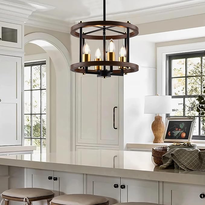 MO&OK 4-Lights Vintage Wood Color Farmhouse Wooden Metal Chandeliers Flush Mount Ceiling Light Fixture Farmhouse Chandelier for Dinning Room Living Room Bedroom Hallway Entryway Kitchen