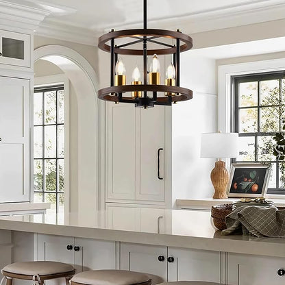 MO&OK 4-Lights Vintage Wood Color Farmhouse Wooden Metal Chandeliers Flush Mount Ceiling Light Fixture Farmhouse Chandelier for Dinning Room Living Room Bedroom Hallway Entryway Kitchen