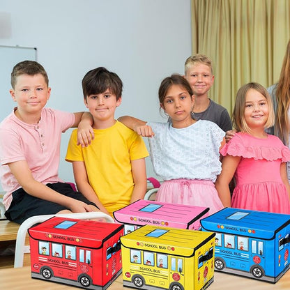 4 Pcs Prize Box for Classroom, School Bus Treasure Box Foldable Chest Storage Box Kids Toy Chest with Lid Treasure Storage Organizer Bin for Teachers Students Awards (Yellow, Pink, Red, Blue)