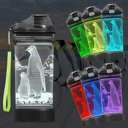 Ammonite Kids Penguin Water Bottle with 3D Glowing LED Light - 14 OZ Tritan BPA Free - Creative Ideal Travel Cup Gift for School Kid Boy Child Holiday Camping Picnic