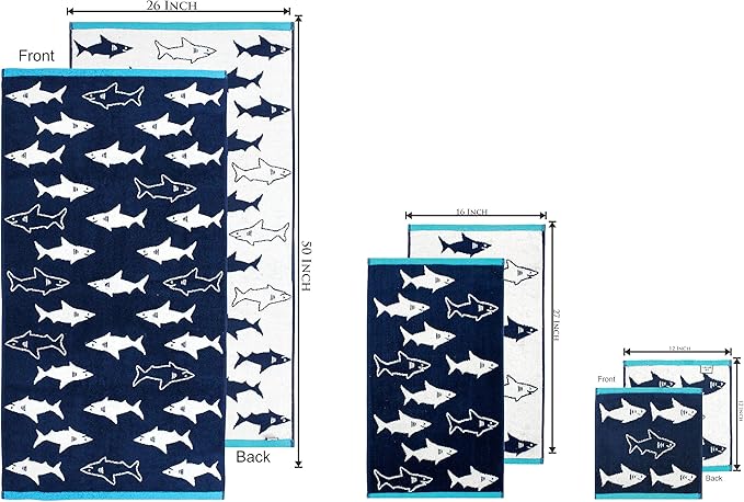 6 Piece Towel Set - Bath Time Shark Attack- 2 Bath Towels, 2 Hand Towels, 2 Washcloths in Bonus Tote Bag- 100% Cotton Jacquard Soft Absorbent Quick Dry Pool Beach Towel Gift - Navy Blue