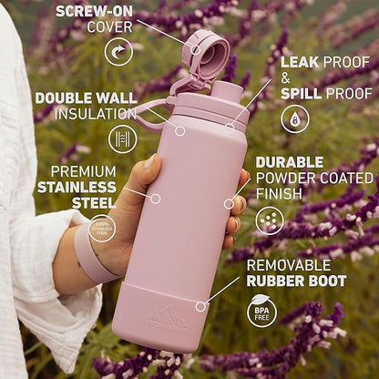 Hydrapeak 32oz Sport Insulated Water Bottle with Chug Lid, Leak & Spill Proof, Keeps Drinks Cold for 24 Hours, Hot for 12 Hours, Premium Stainless Steel Water Bottles (32oz, Mauve)