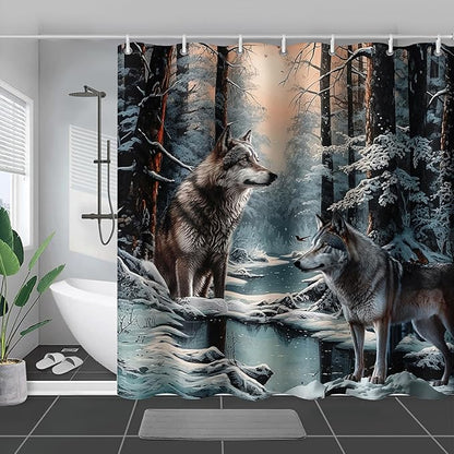 AILONEN Snow Wolf Shower Curtain 72" W*96" H for Boys,Winter Wild Animal Wolf Bathroom Decor,Safari Animal Wolf Printed Bath Curtain Waterproof Bath Curtain with Grommets and 12 Hooks