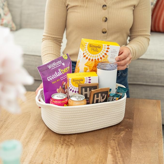 OrganiHaus Set of 5 White Rectangle Bathroom Storage Baskets for Organizing, Small Woven Baskets for Storage Baskets for Bathroom, Nursery Storage Basket for Baby Nursery Organization, Cute Bins