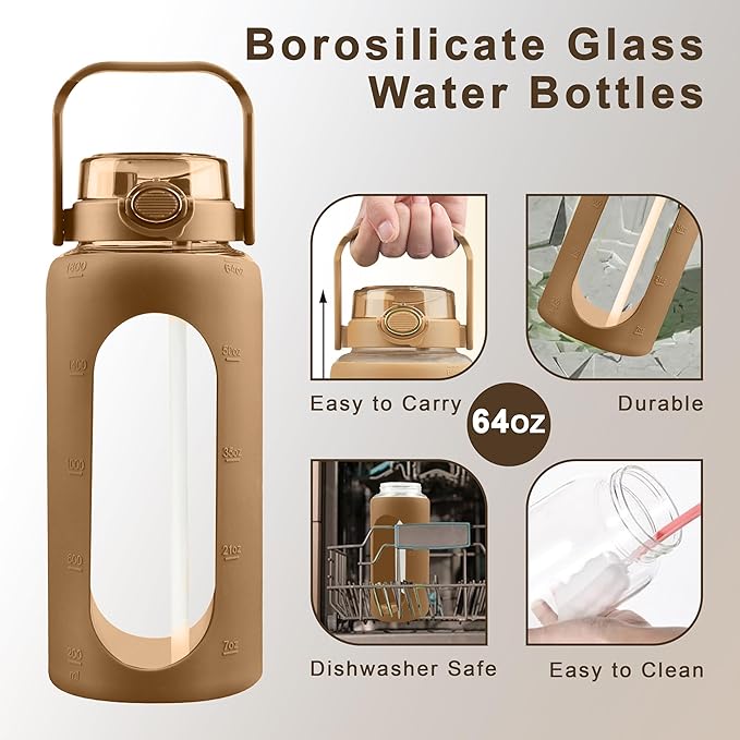 64 Oz Glass Water Bottle with Straw and Lid, Sports Motivational Water Bottle, Leakproof Water Jug Fitness with Silicone Sleeve for Gym, Brown