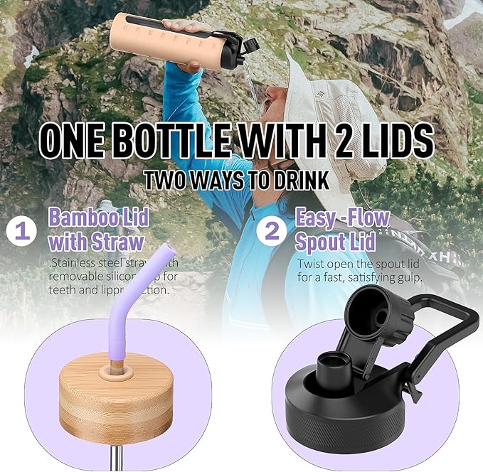 Glass Water Bottles with Straw -24oz- Water Bottle Phone Holder for Gym Sports Water Bottles with Silicone Sleeve Glass Drinking Bottles 2 Lids - Spout & Bamboo Straw Lid(Purple)