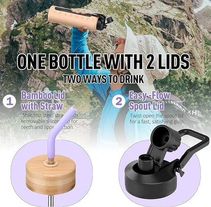 Glass Water Bottles with Straw -24oz- Water Bottle Phone Holder for Gym Sports Water Bottles with Silicone Sleeve Glass Drinking Bottles 2 Lids - Spout & Bamboo Straw Lid(Purple)