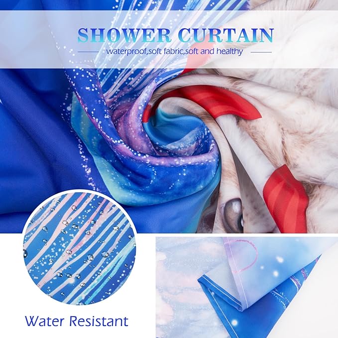 Aimego Funny Cat Shower Curtains - Cute Cat Riding Whale Shark on Space Galaxy Fantasy Jellyfish Fun Shower Curtain Set with 12 Hooks for Adults Kids Bathroom Decor Accessories, 72"x72"