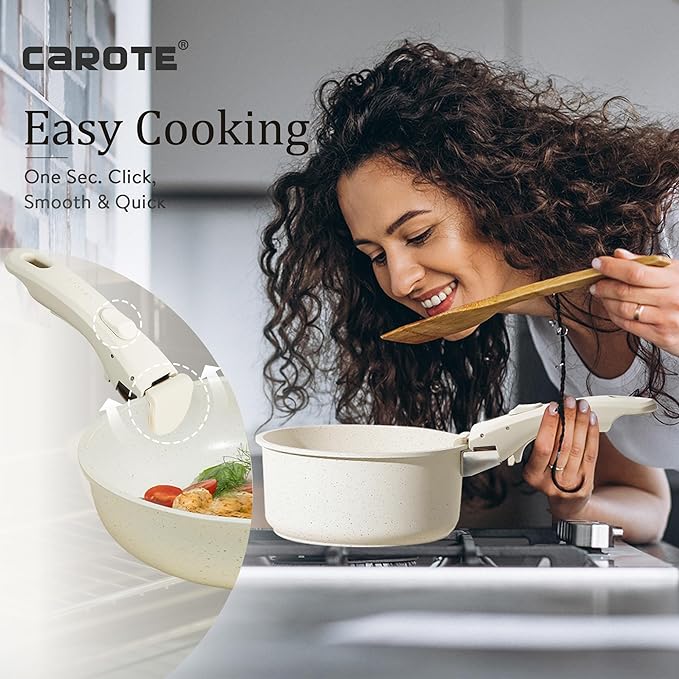 CAROTE 24pcs Detachable Handle Pots and Pan Set, Nonstick Induction Cookware, Removable Handle, RV Oven Safe Cookware, Kitchen Cookware Set Non Stick, Cream White
