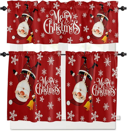 Red Merry Christmas Kitchen Curtains and Valances Set, Funny Hanging Santa Windows Treatments Tiers Half/Short Curtains for Small Windows Cafe /Living Room/ Bedroom 54x36 in Snow Winter Holiday
