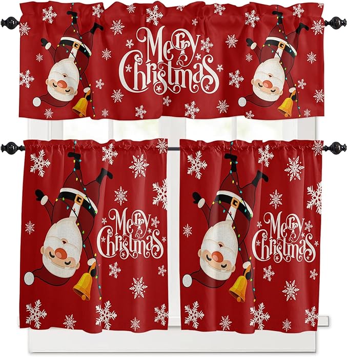 Red Merry Christmas Kitchen Curtains and Valances Set, Funny Hanging Santa Windows Treatments Tiers Half/Short Curtains for Small Windows Cafe /Living Room/ Bedroom 54x24 in Snow Winter Holiday