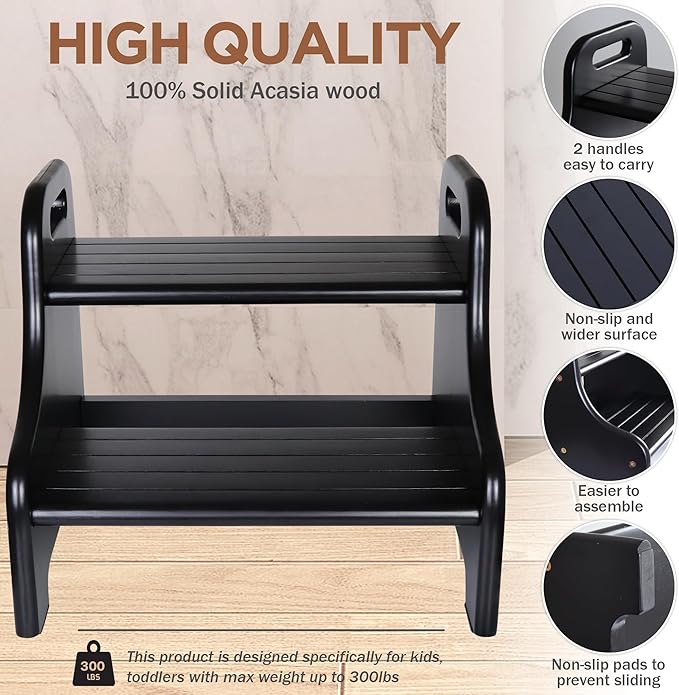Acacia 2-Step Stool for Kid, Toddler Wood Step Ladder with 2 Handles, Safe Non-Slip Bottom, Rounded Corners, Supports up to 300 lbs, Perfect for Bathroom Bedroom (Black)