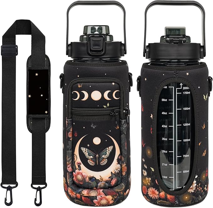 Moon Butterfly Flower Half Gallon Water Bottle with Sleeve, 64 Oz Water Bottle with Measurements Marked, Leakproof-Free Drinking Water Bottle, Sports Water Bottle BPA Free Half Gallon Water Jugs