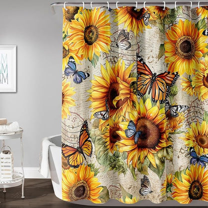 AILONEN Girls Sunflower Shower Curtain,Butterfly Sunflower Bath Curtain for Kids Women,Vintage Yellow Flower Decor Bathroom Curtain with 12 Plastic Hooks, 72" W x 96" H