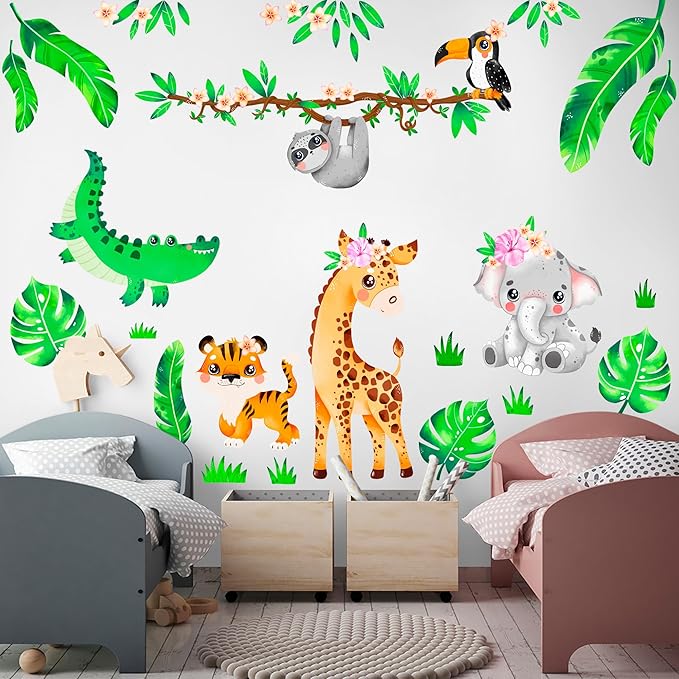 Large Safari Animal Wall Decals for Kids by Lipastick - 142 pcs Jungle Animal Wall Stickers for Kids Baby Girl Boy Room - Creative Nursery Vinyl Wall Decal - Elephant Giraffe Crocodile Parrot XXL Size