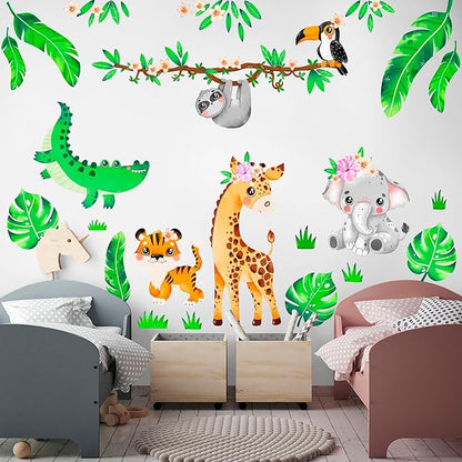 Large Safari Animal Wall Decals for Kids by Lipastick - 142 pcs Jungle Animal Wall Stickers for Kids Baby Girl Boy Room - Creative Nursery Vinyl Wall Decal - Elephant Giraffe Crocodile Parrot XXL Size