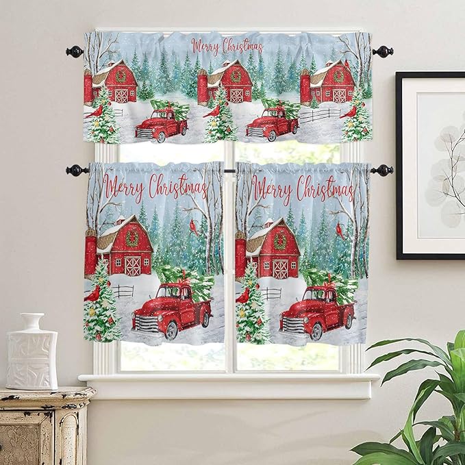 Red Truck Christmas Kitchen Curtains and Valances Set, Merry Christmas Farmhouse Windows Treatments Tiers Half/Short Curtains for Small Windows Cafe /Living Room/ Bedroom 54x36 in Winter Xmas Tree