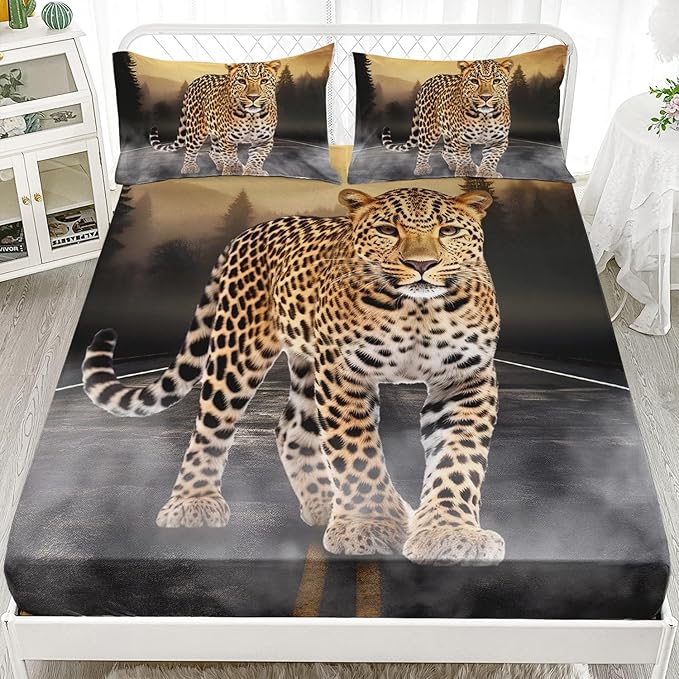 AILONEN Leopard Fitted Sheet Set Queen Size, 3D Cheetah Printed Bed Sheet Set,Wildlife Bedding Leopard Sheet Set,Wild Animal Leopard Bed Sheet Set Boys Fitted Sheet with 2 Pillowcases,3 Pieces